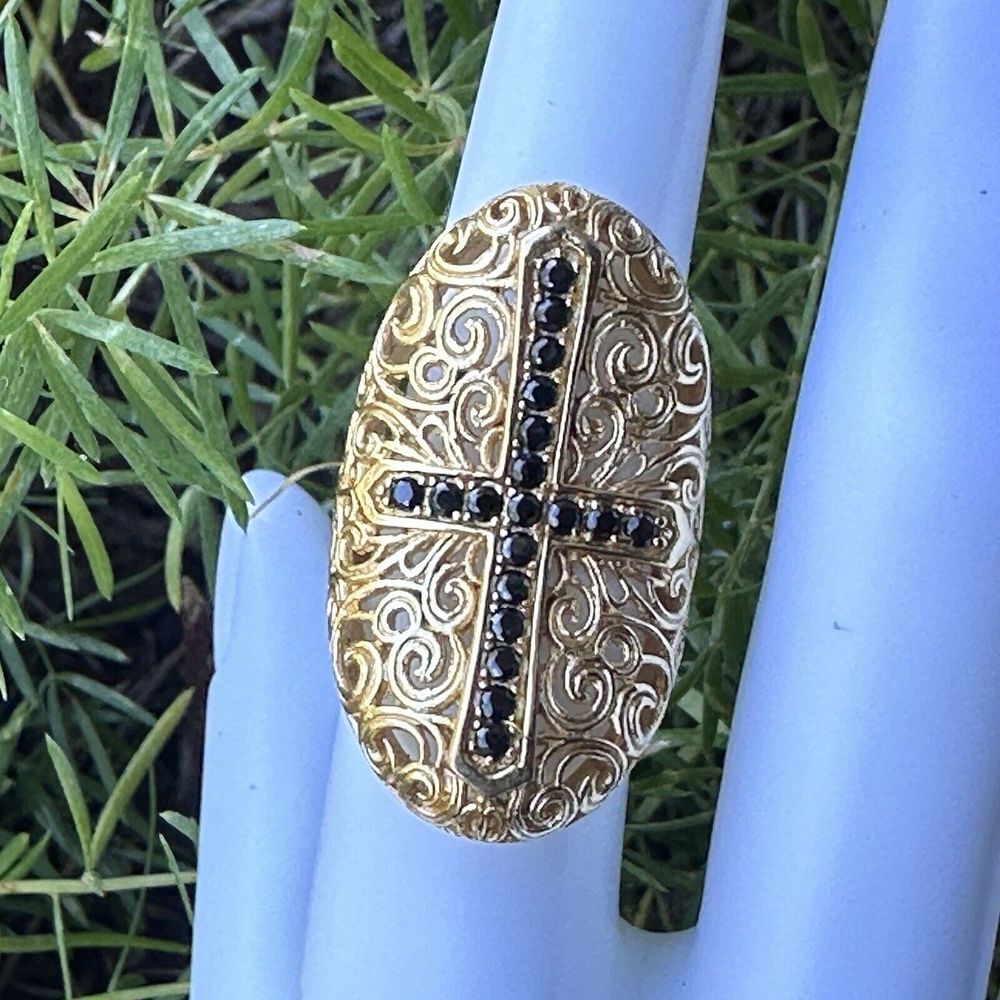 VTG Bellezza Statement Ring Sz 5 Black Spinel Cross Yellow Gold Plated‎ Filigree